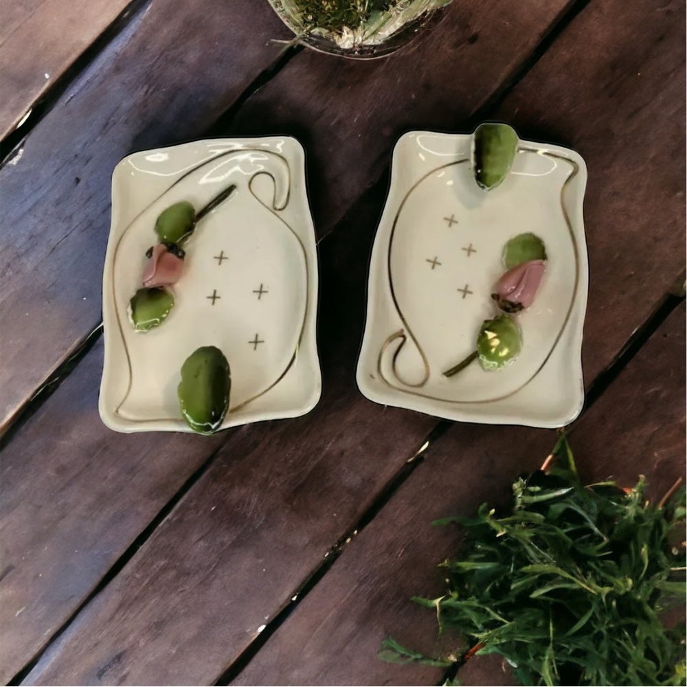 Lefton Japan Rectangular Ashtrays 1950’s Porcelain Rosebud Set Of 2 Vintage New